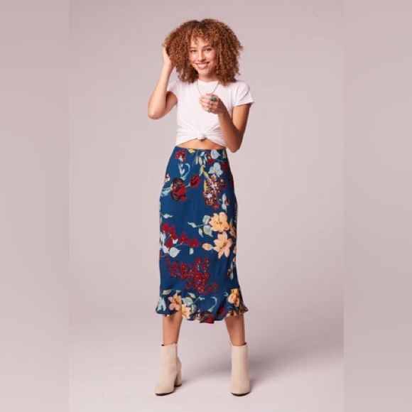 NWT Band Of The Free PISA TEAL FLORAL RUFFLE SLIP SKIRT Bohemian Style Pencil - Picture 5 of 5